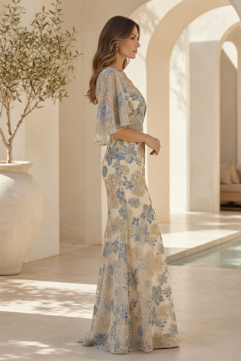 Floral Embroidered Trumpet Gown with Flutter Sleeves