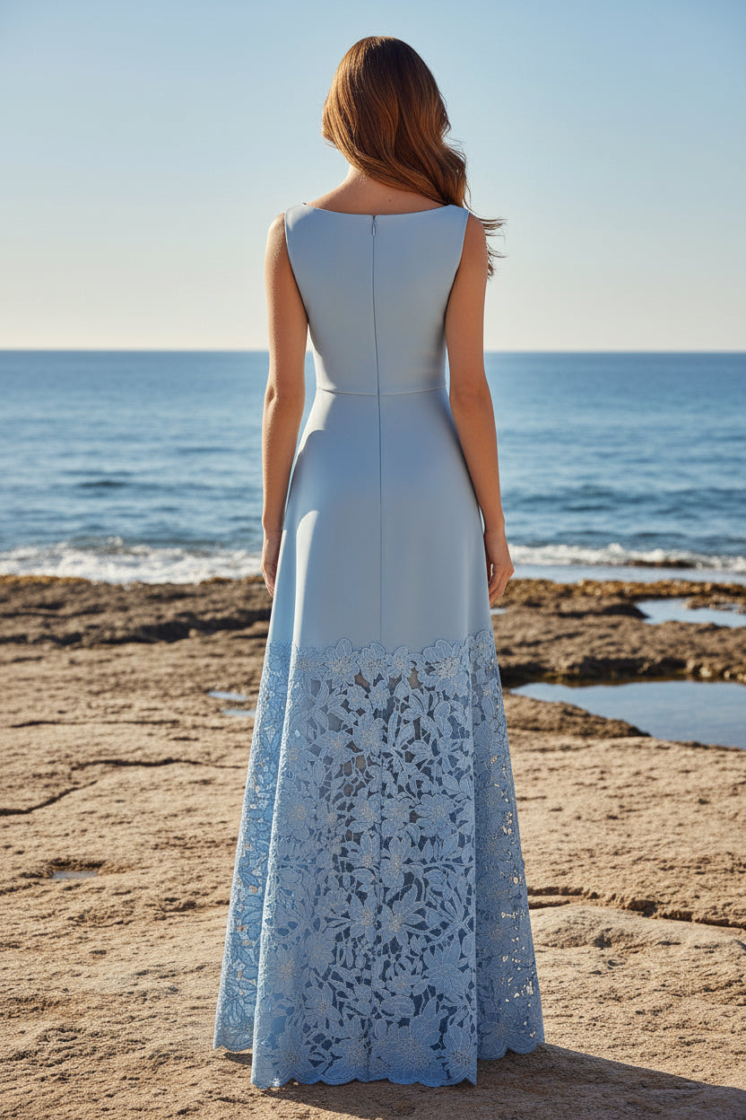 Bateau Neck A-Line Evening Gown with Lace Skirt