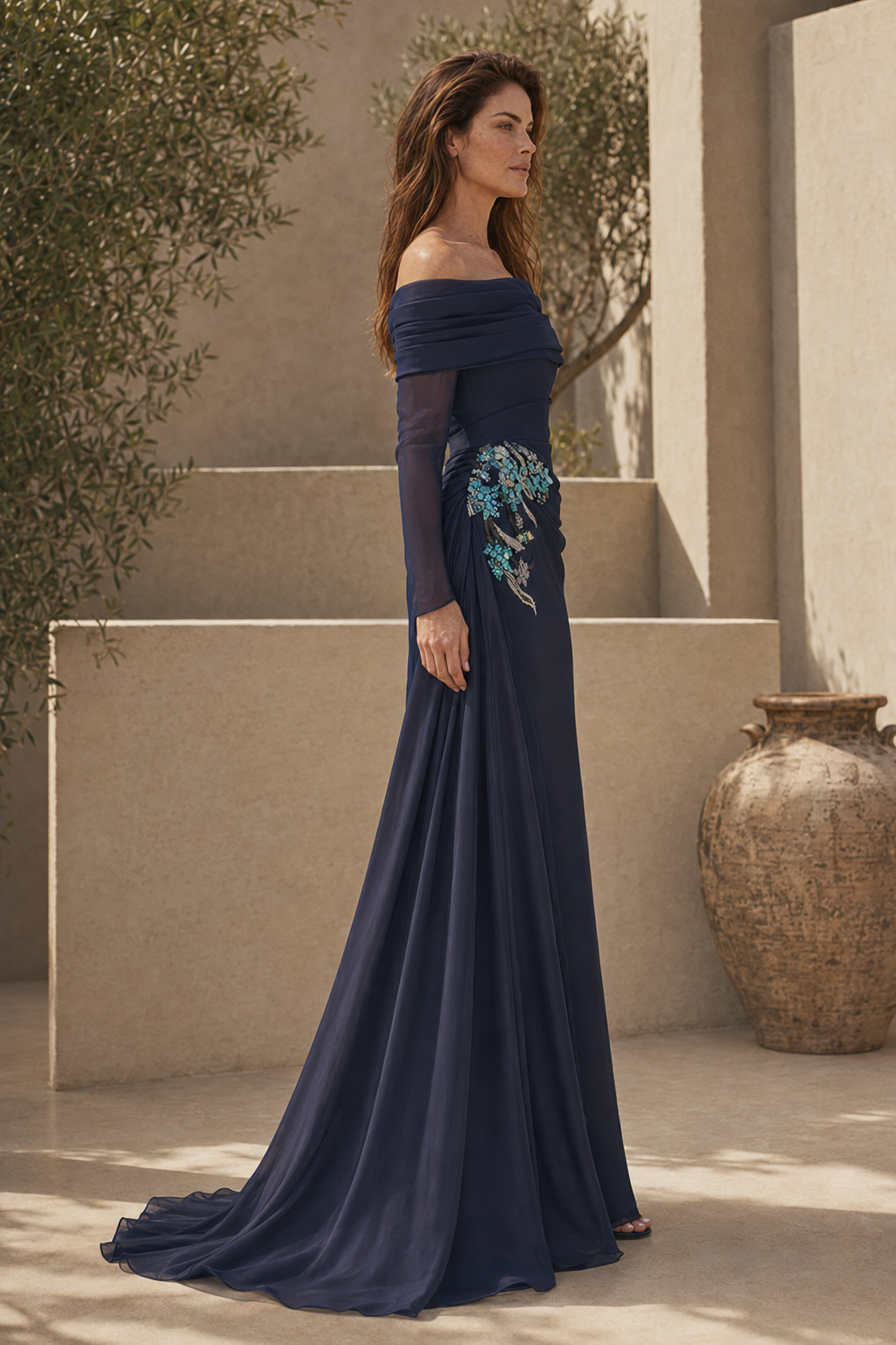 Off-the-Shoulder Floral Appliqué Gown with Drape