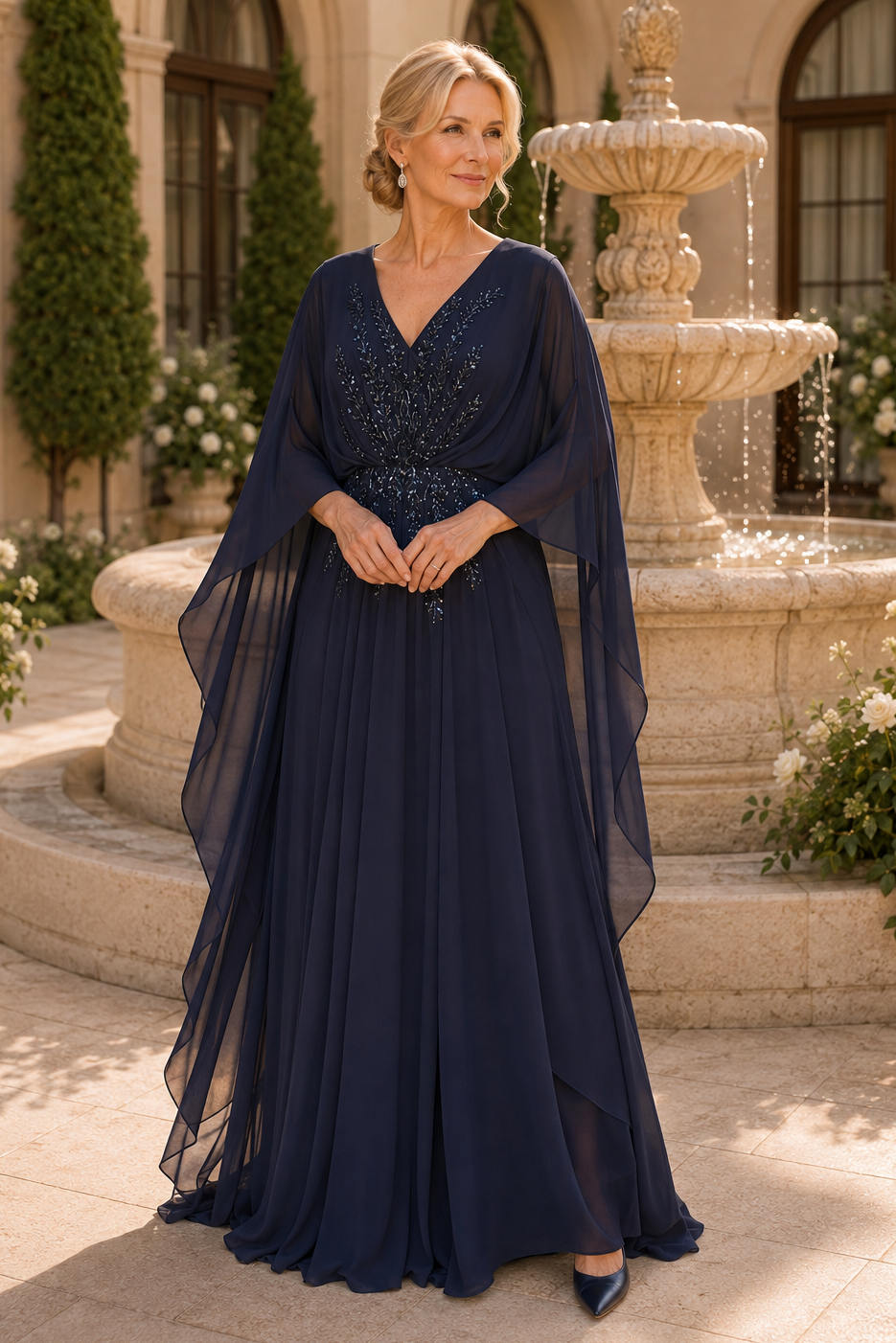Beaded Cape Sleeve Floor-Length Chiffon Gown