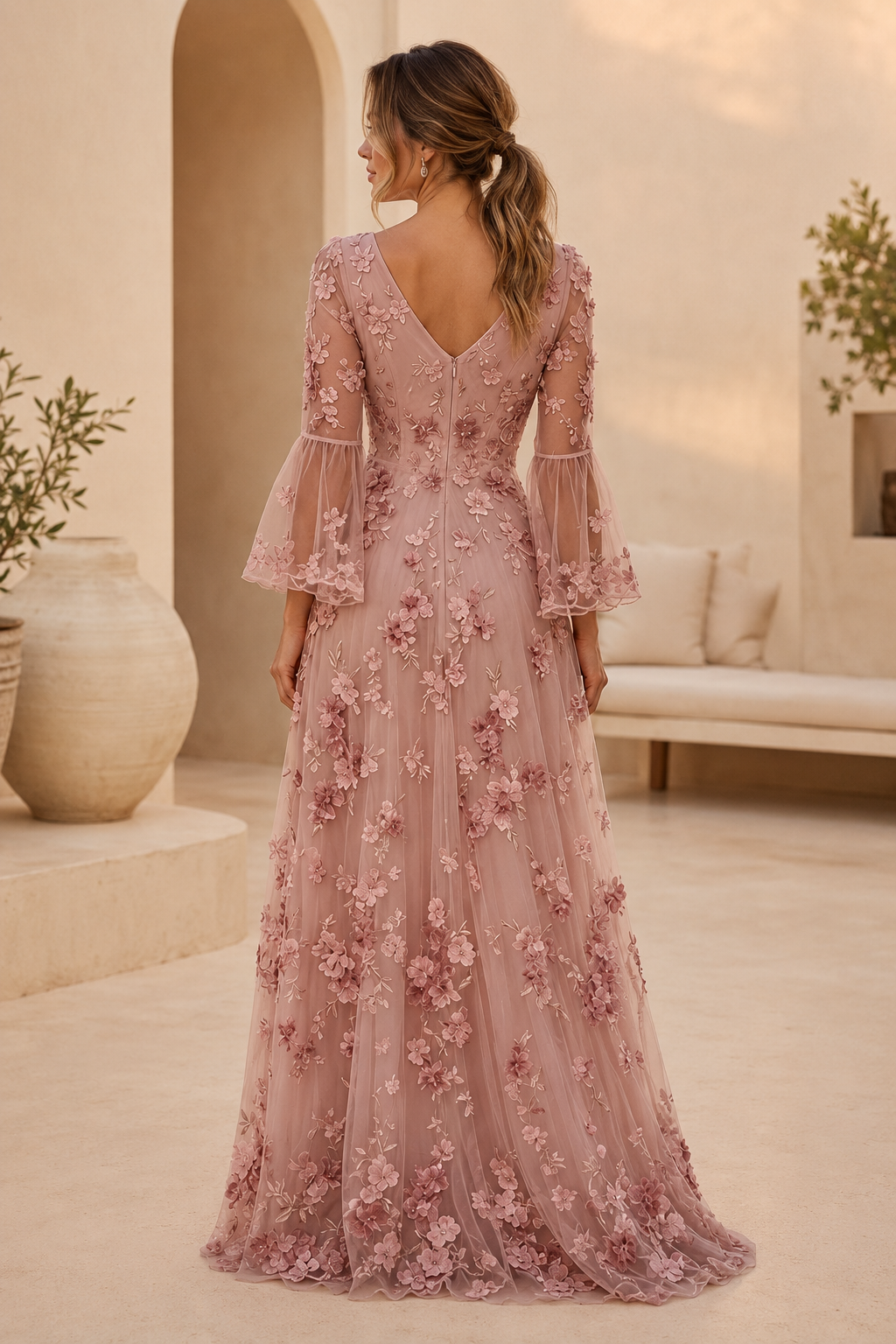 3D Floral Applique A-Line Gown with Bell Sleeves