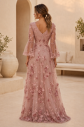 3D Floral Applique A-Line Gown with Bell Sleeves