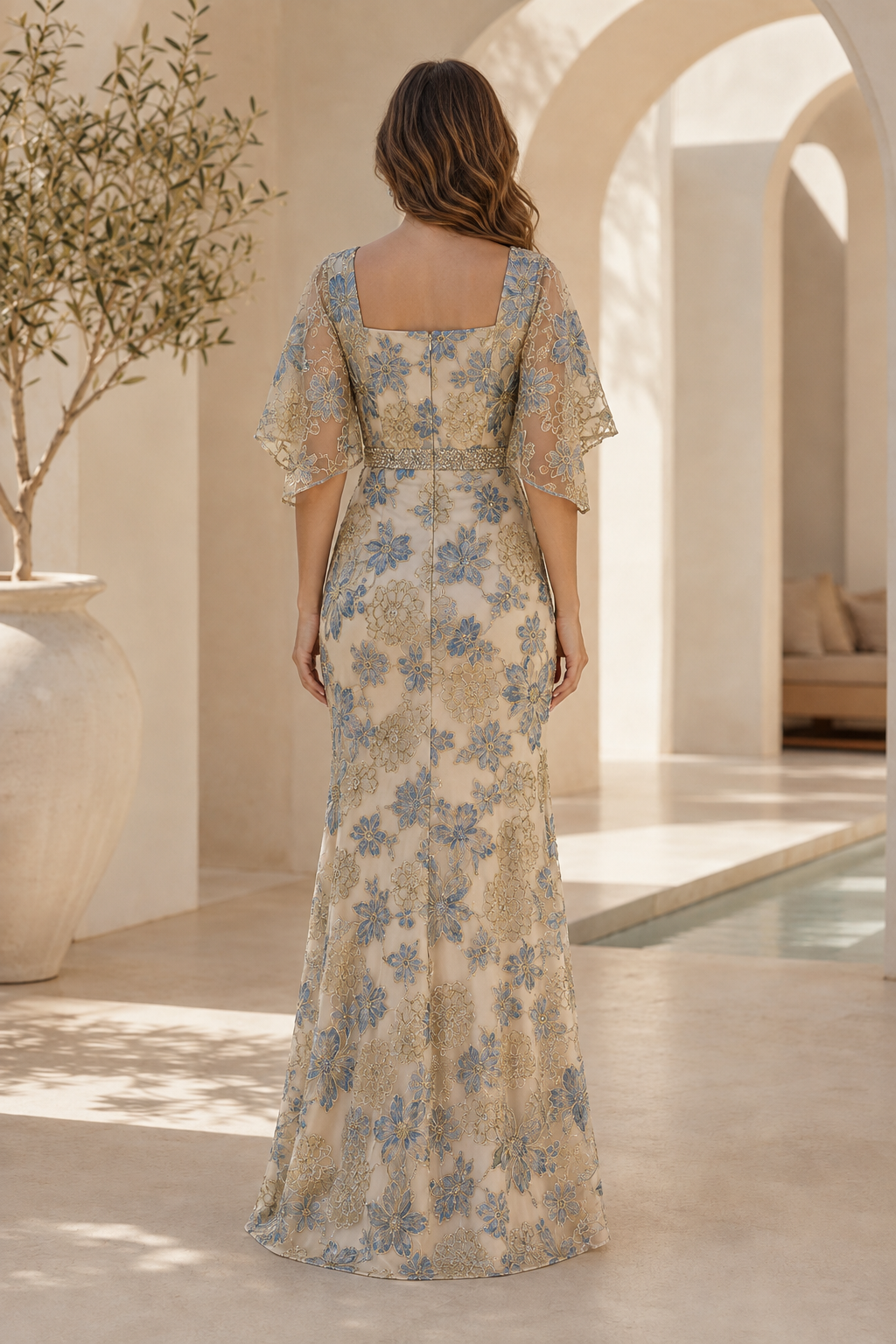 Floral Embroidered Trumpet Gown with Flutter Sleeves