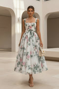 Floral Rose Print Corset Midi Dress with Full Skirt