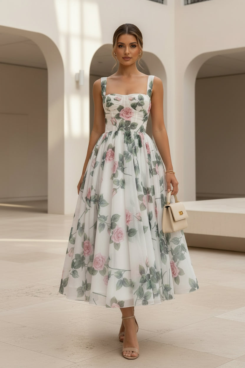 Floral Rose Print Corset Midi Dress with Full Skirt