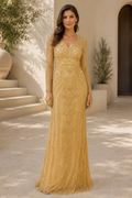 Beaded Illusion Long Sleeve Mermaid Evening Gown