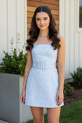 Strapless Floral Jacquard Mini Dress with Belt
