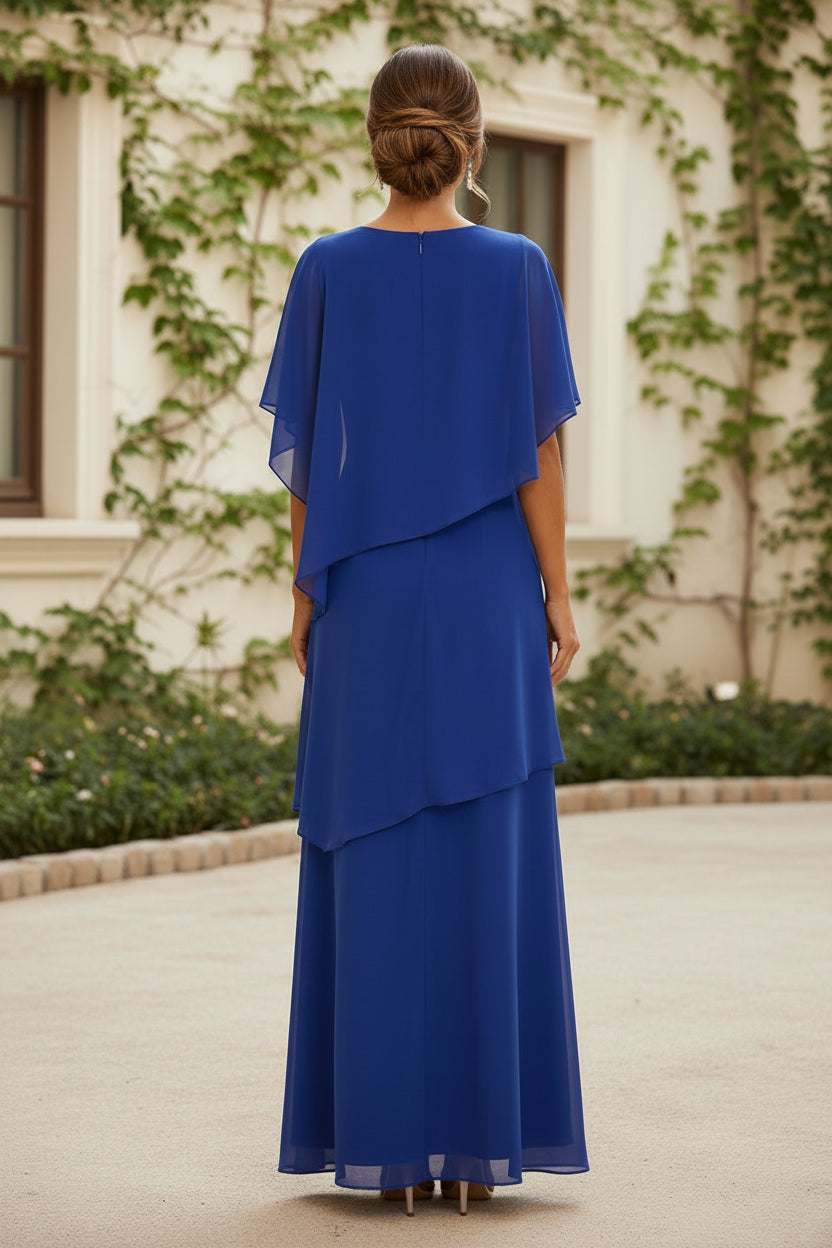 Layered Chiffon Cape Sleeve Evening Gown