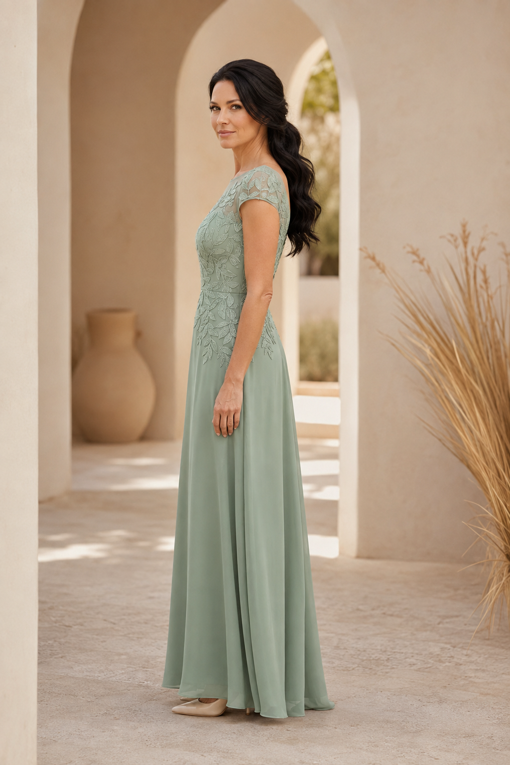 Illusion Neckline A-Line Gown with Leaf Lace Appliques