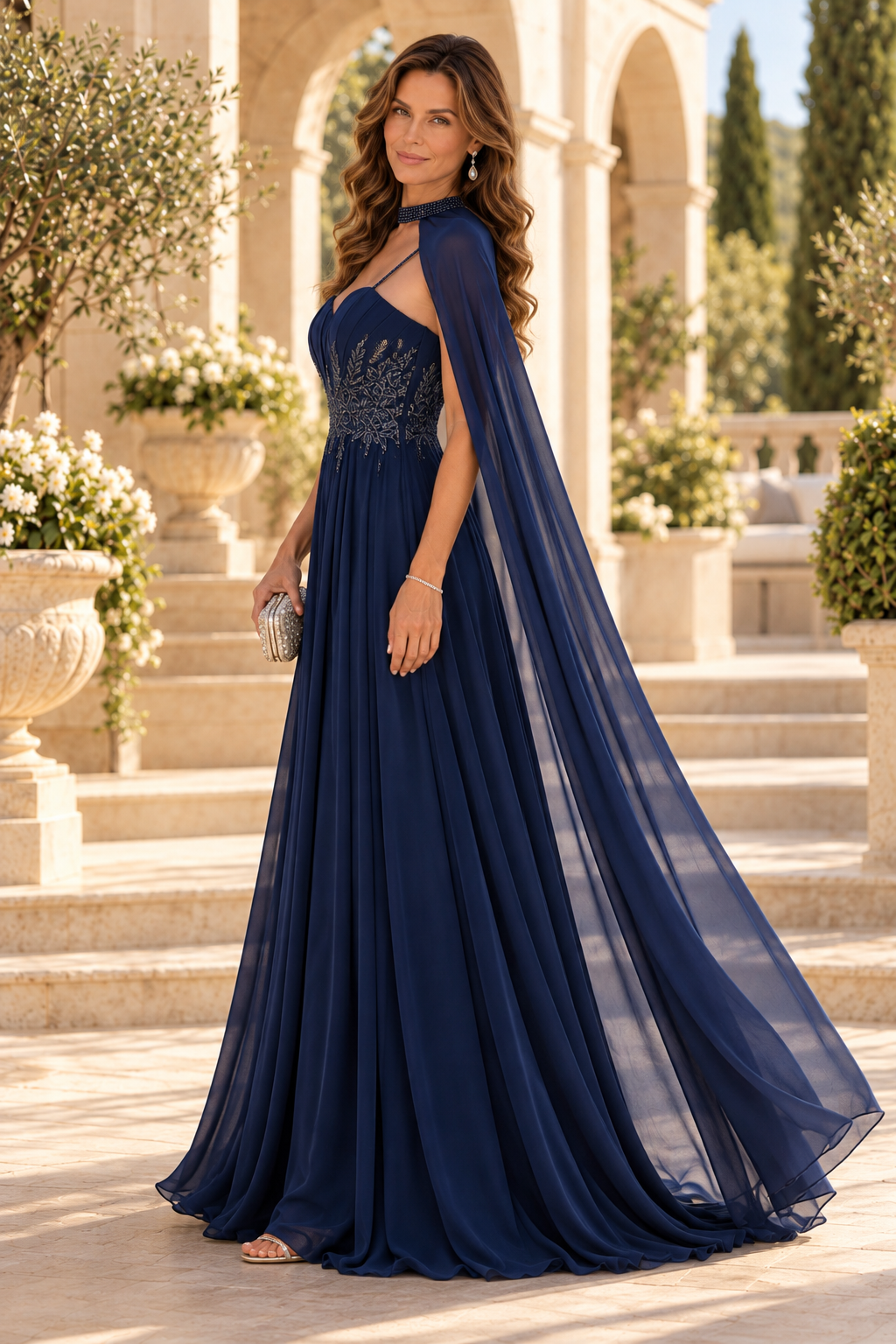 Beaded A-Line Chiffon Gown with Cape