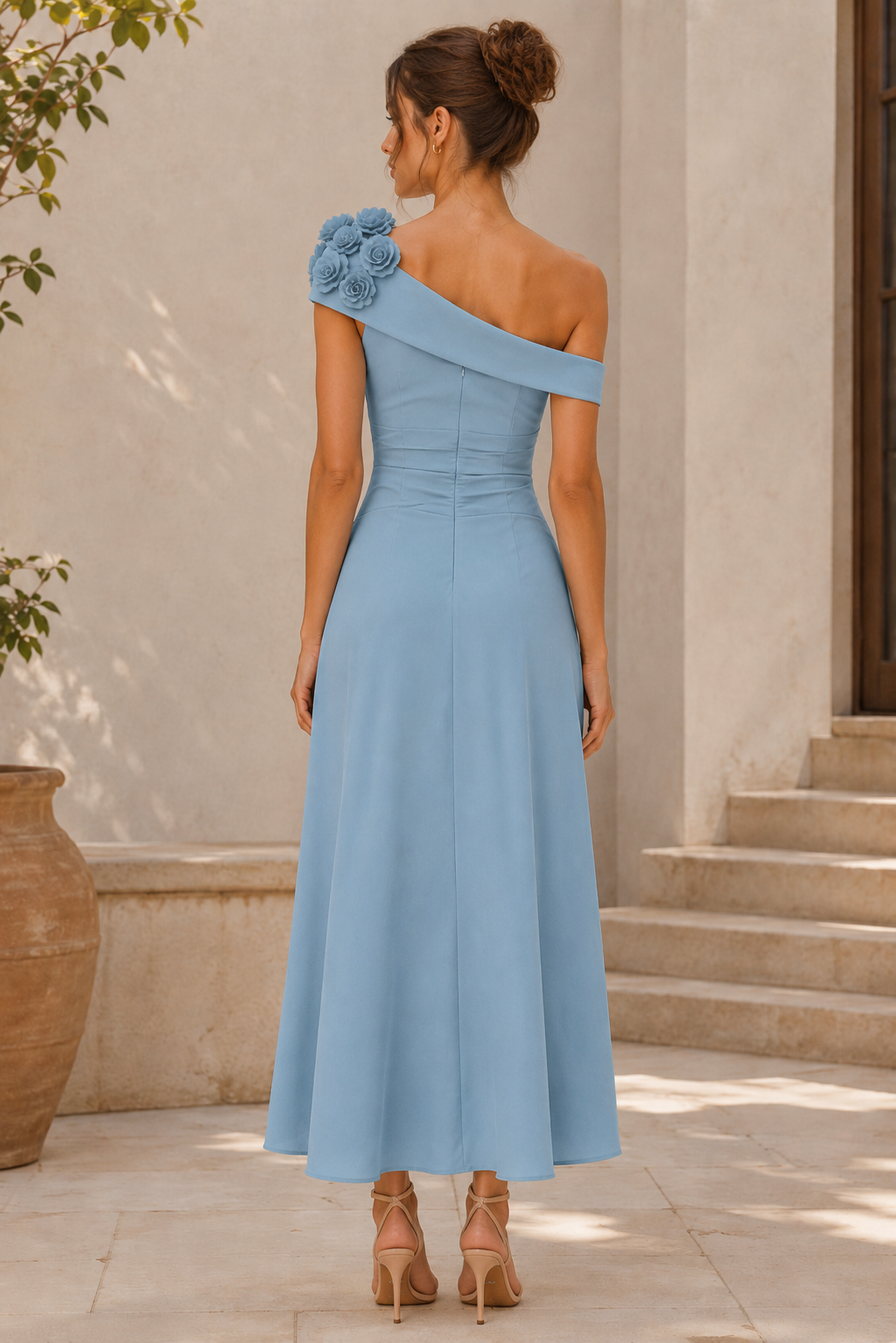 One-Shoulder High-Low Dress with 3D Florals