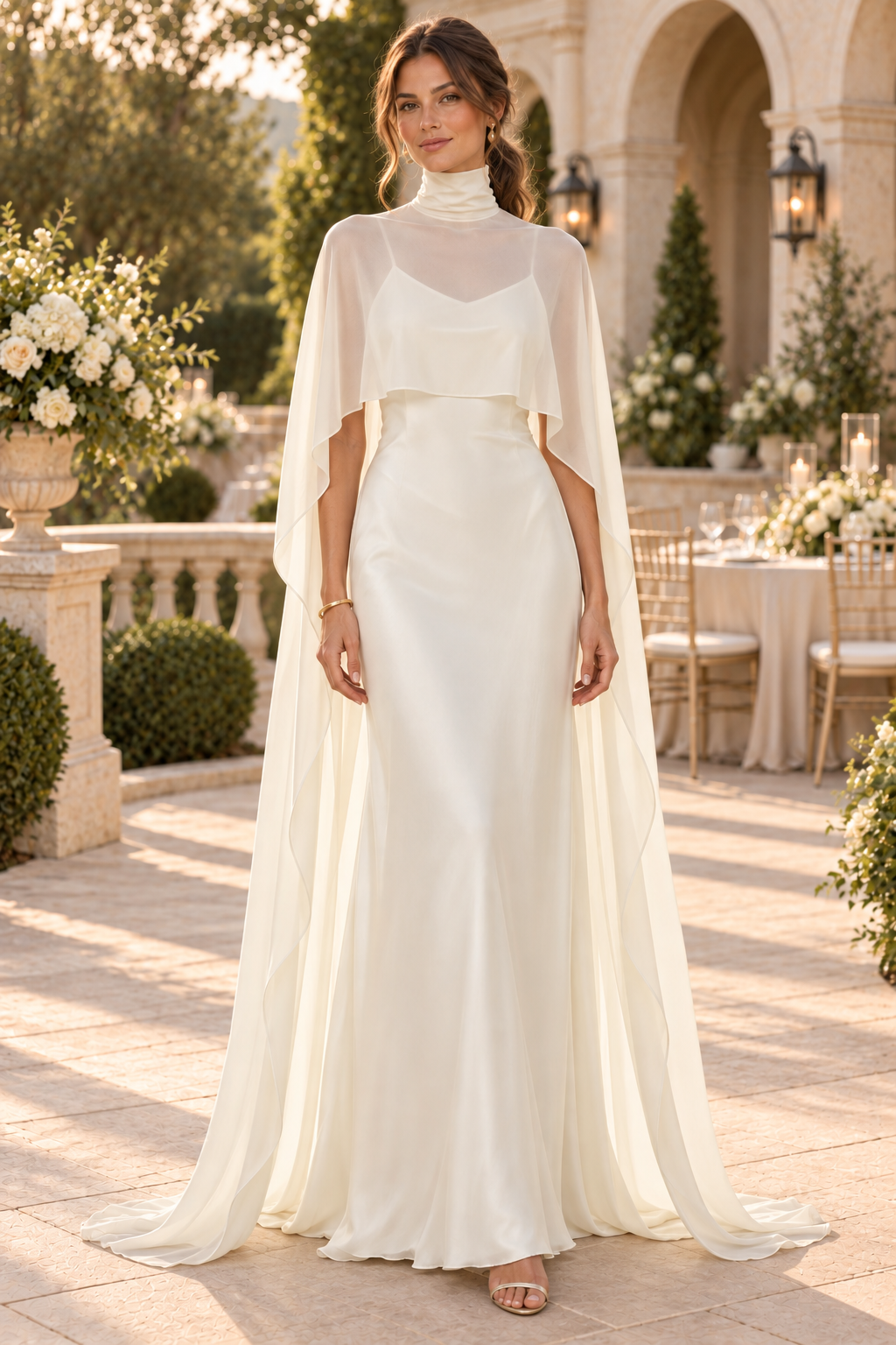 Satin Slip Gown with High-Neck Chiffon Cape