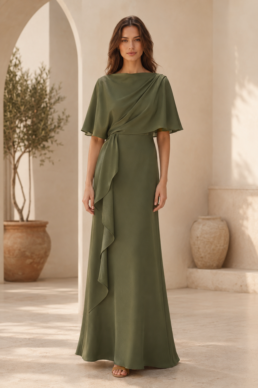 Flutter Sleeve Bateau Neck Sheath Gown with Side Drape
