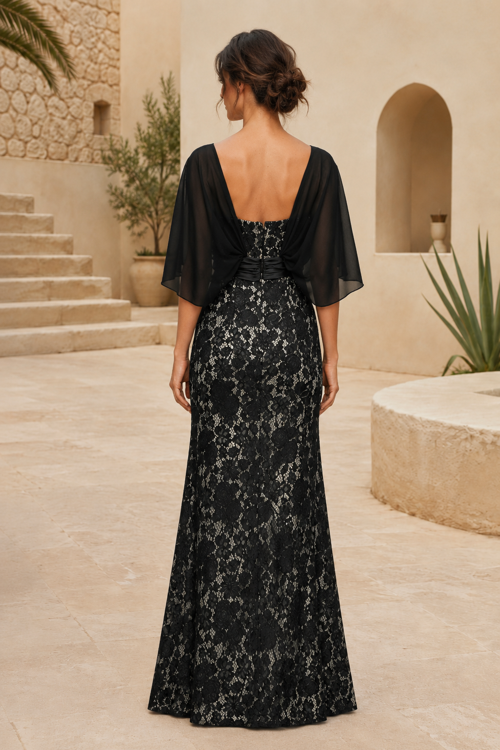 Illusion Cape Sleeve Lace Sheath Evening Gown