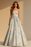 Strapless Floral Jacquard Evening Gown