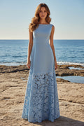 Bateau Neck A-Line Evening Gown with Lace Skirt