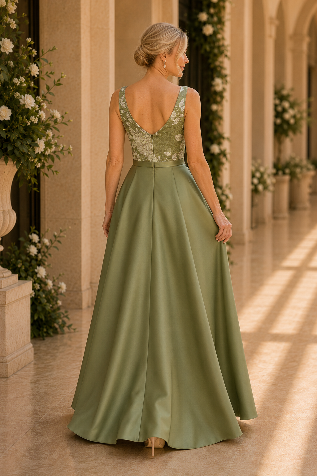 Floral Jacquard Column Gown with Satin Overskirt