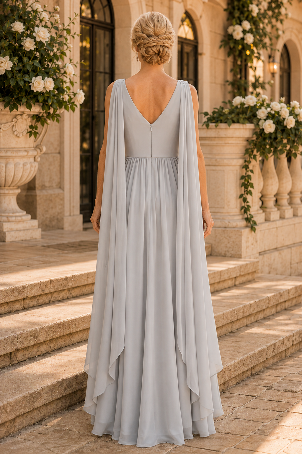 Pleated V-Neck Chiffon Gown with Cape Details