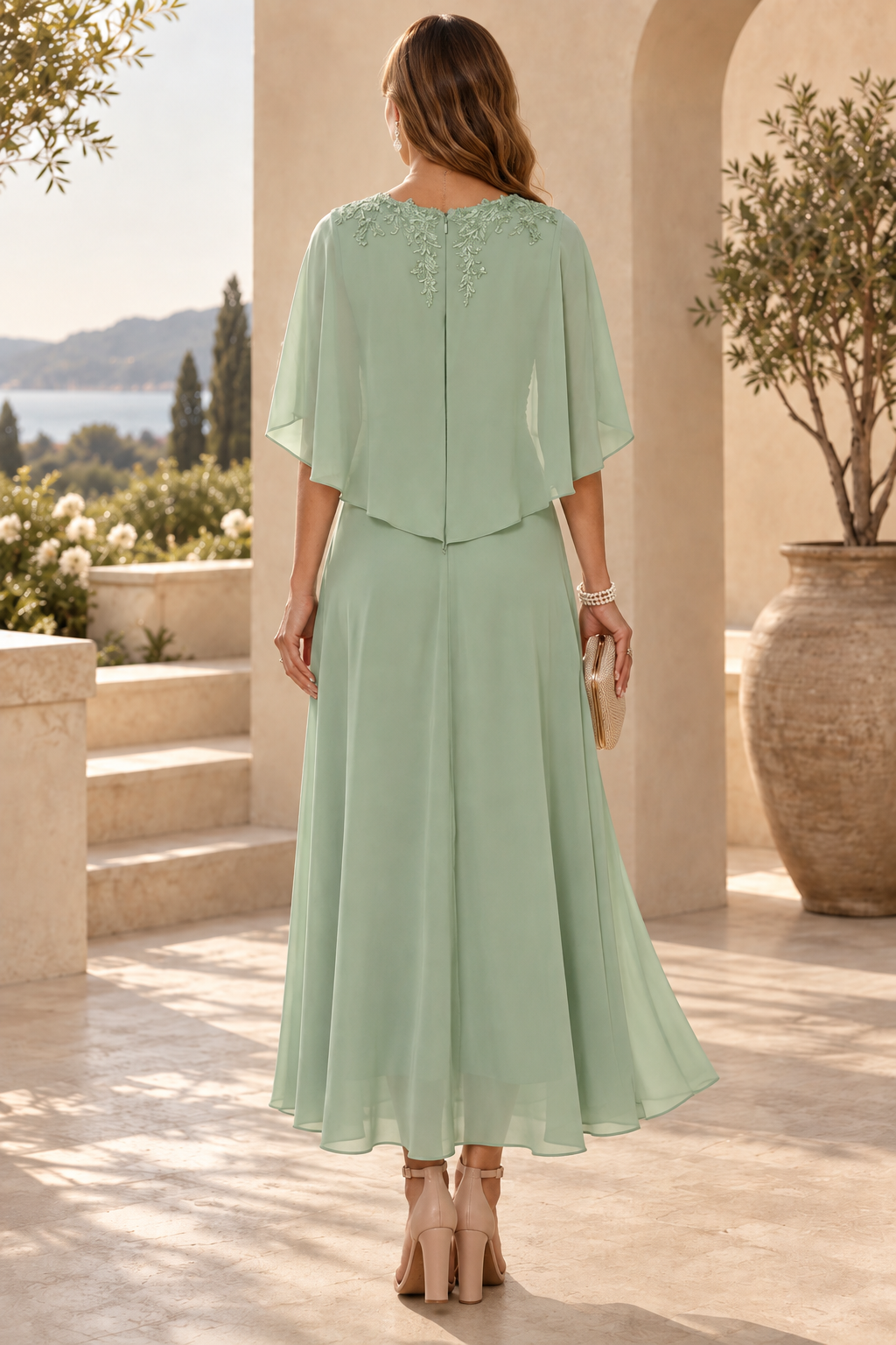 Embroidered Capelet Midi Dress with Pleated Bodice