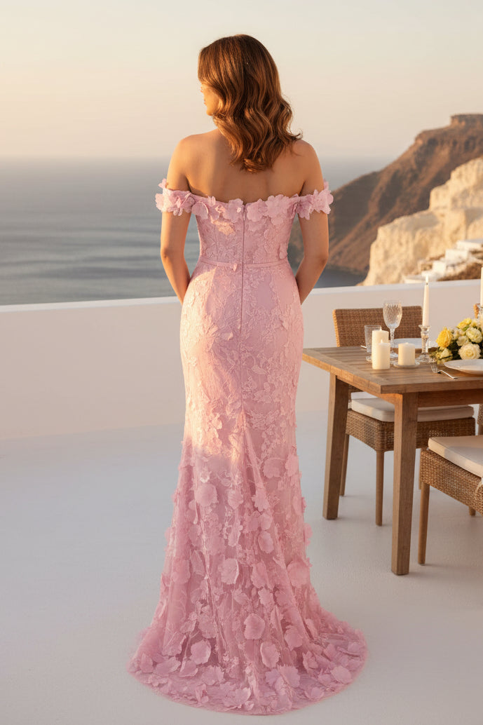 Off-the-Shoulder 3D Floral Sheath Evening Gown