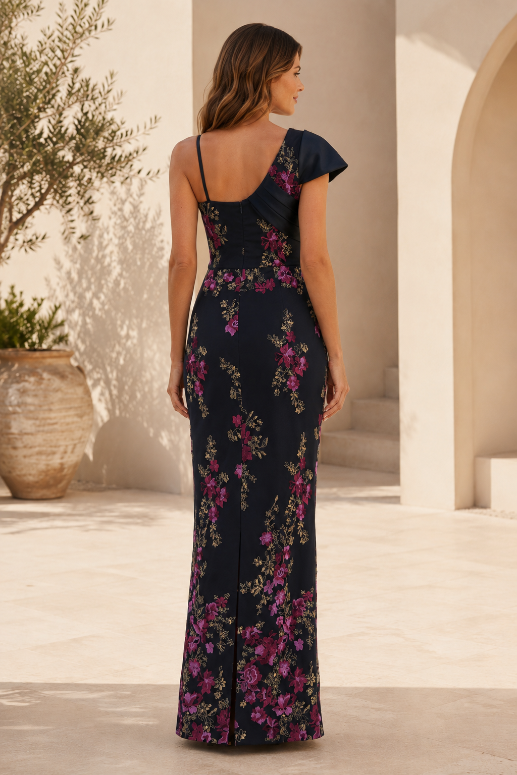 One-Shoulder Floral Embroidered Evening Gown with Slit