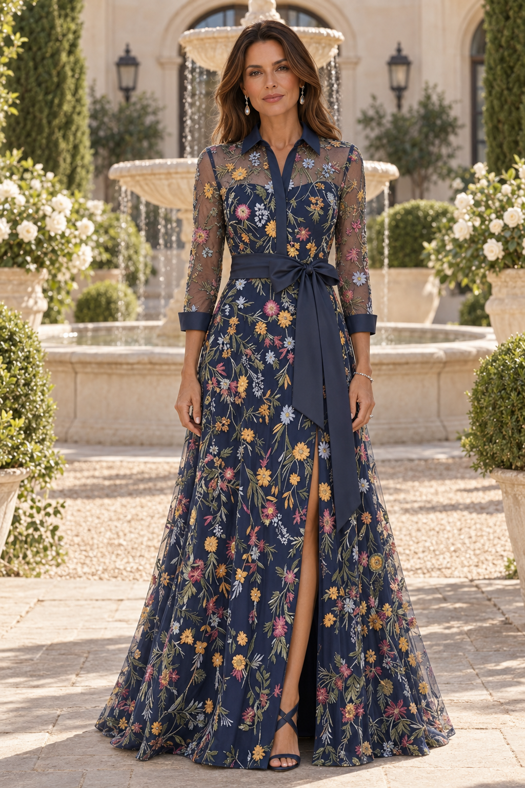 Floral Embroidered 3/4 Sleeve Evening Gown