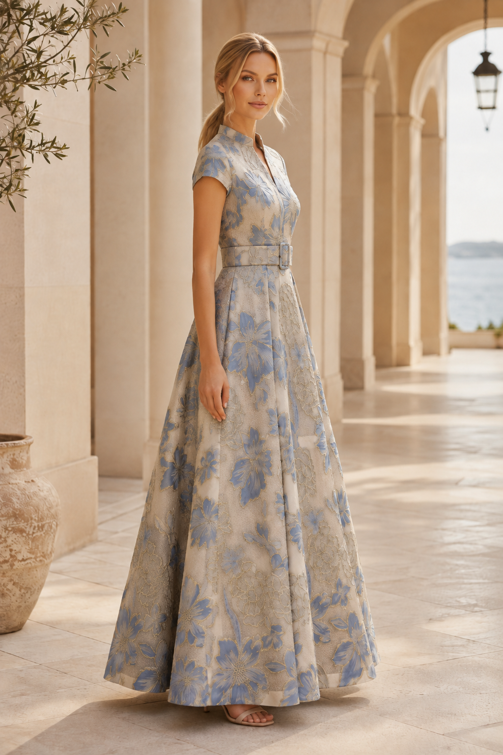 Floral Jacquard A-Line Gown with Belt