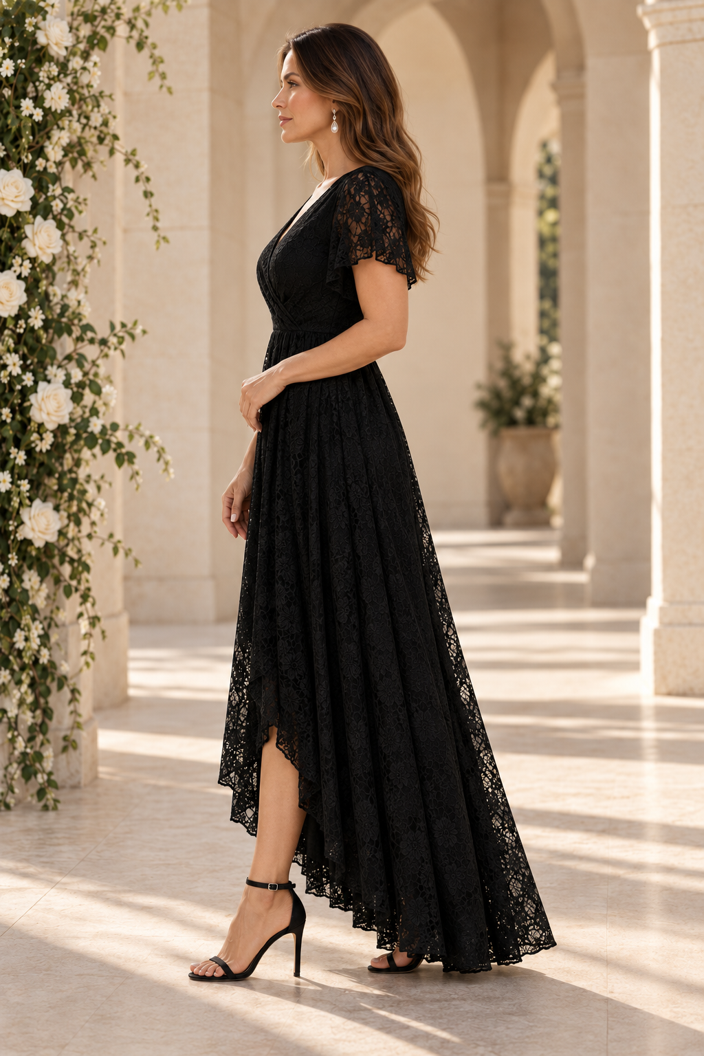 Lace Wrap High-Low Maxi Dress with Flutter Sleeves