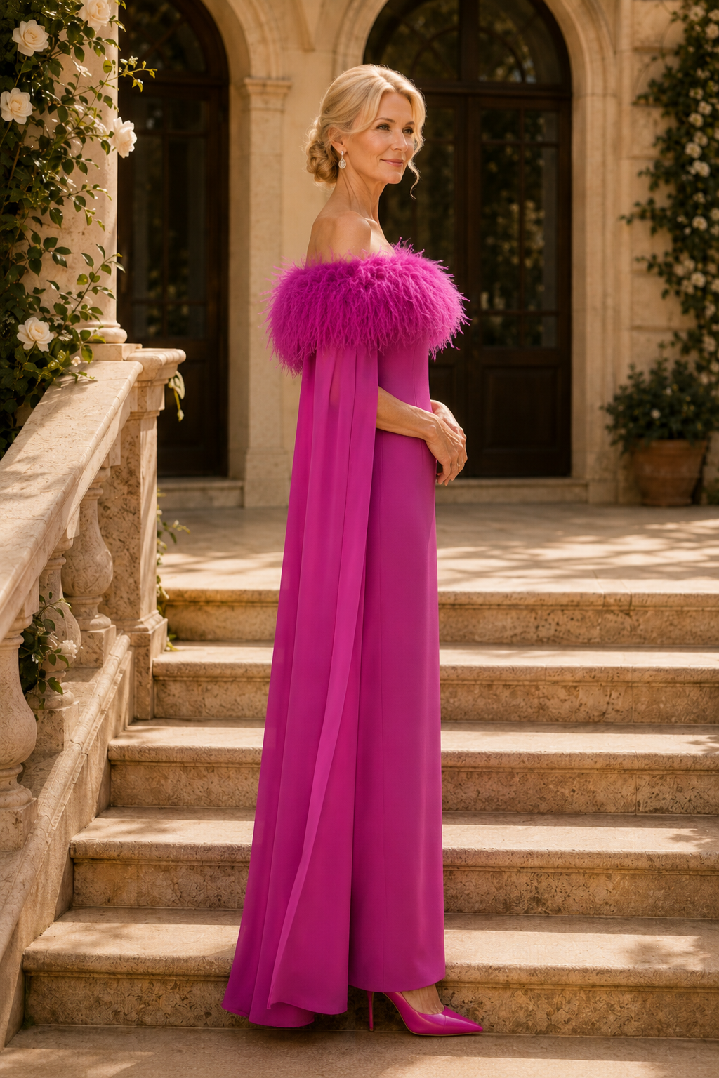 Feather Off-the-Shoulder Column Gown with Cape