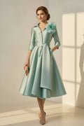 Satin A-Line Midi Dress with Floral Brooch