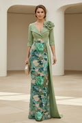Sequin Floral Embroidered Gown with Satin Drape