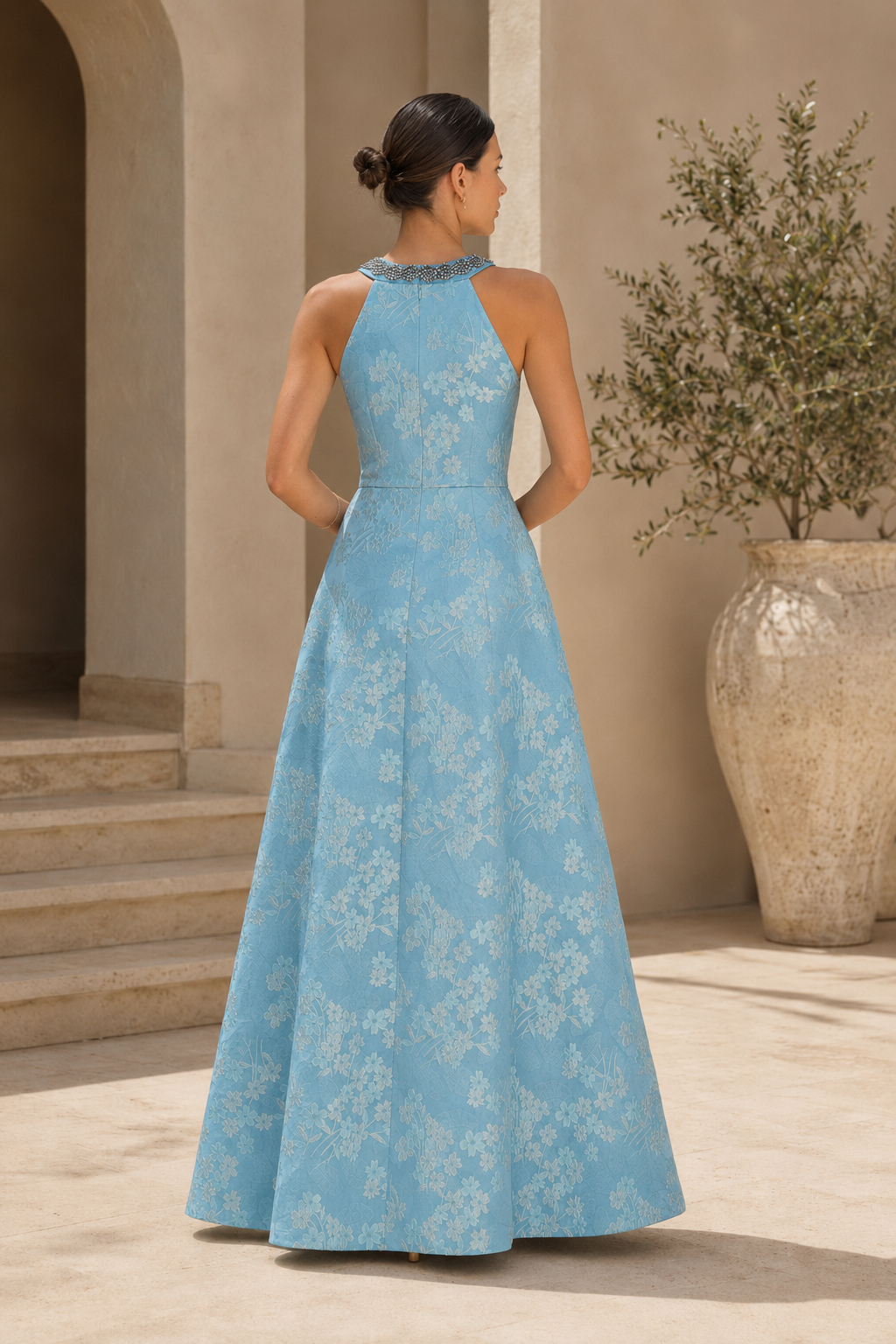 Floral Jacquard Halter Neck A-Line Evening Gown