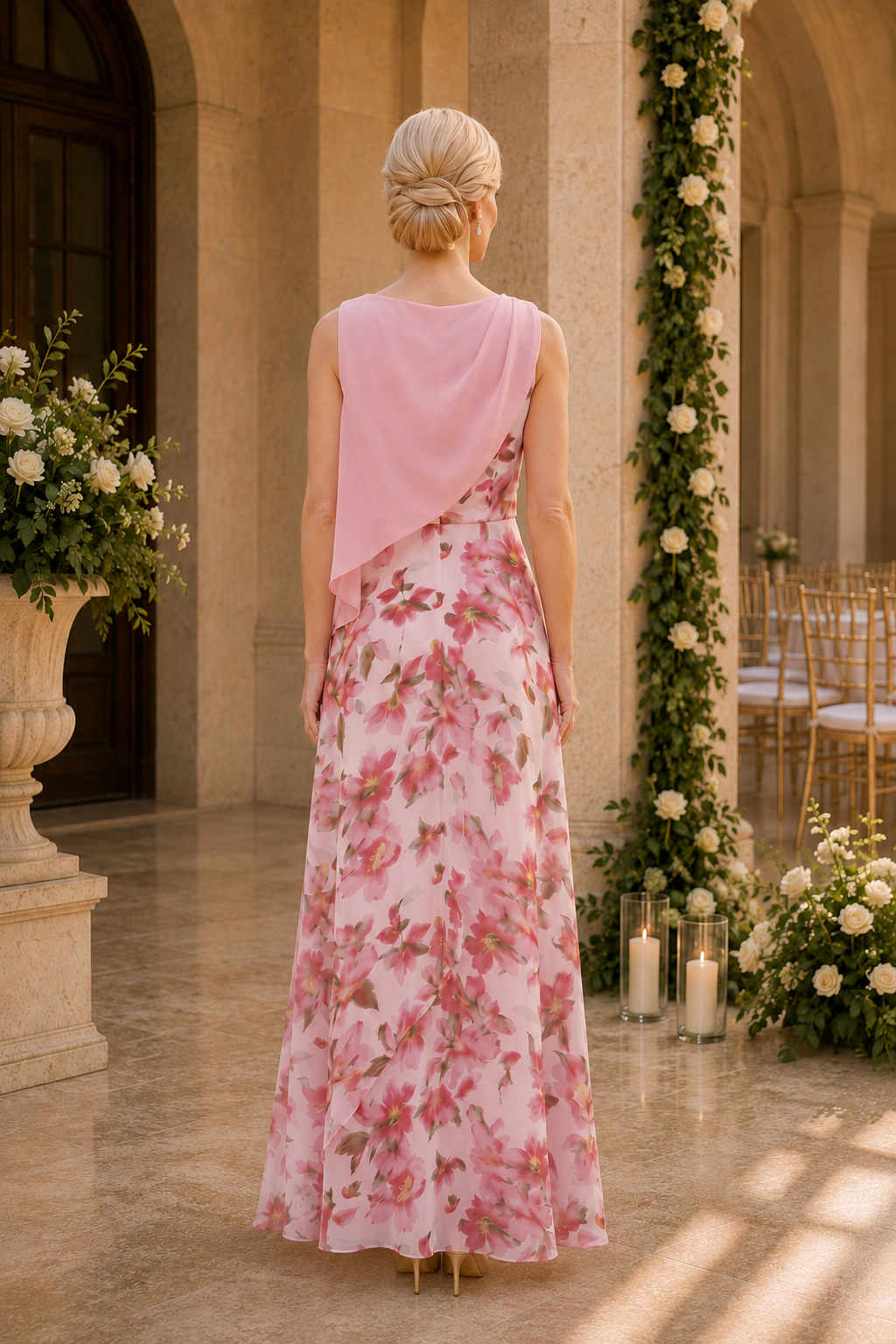 Floral Chiffon A-Line Gown with Draped Bodice