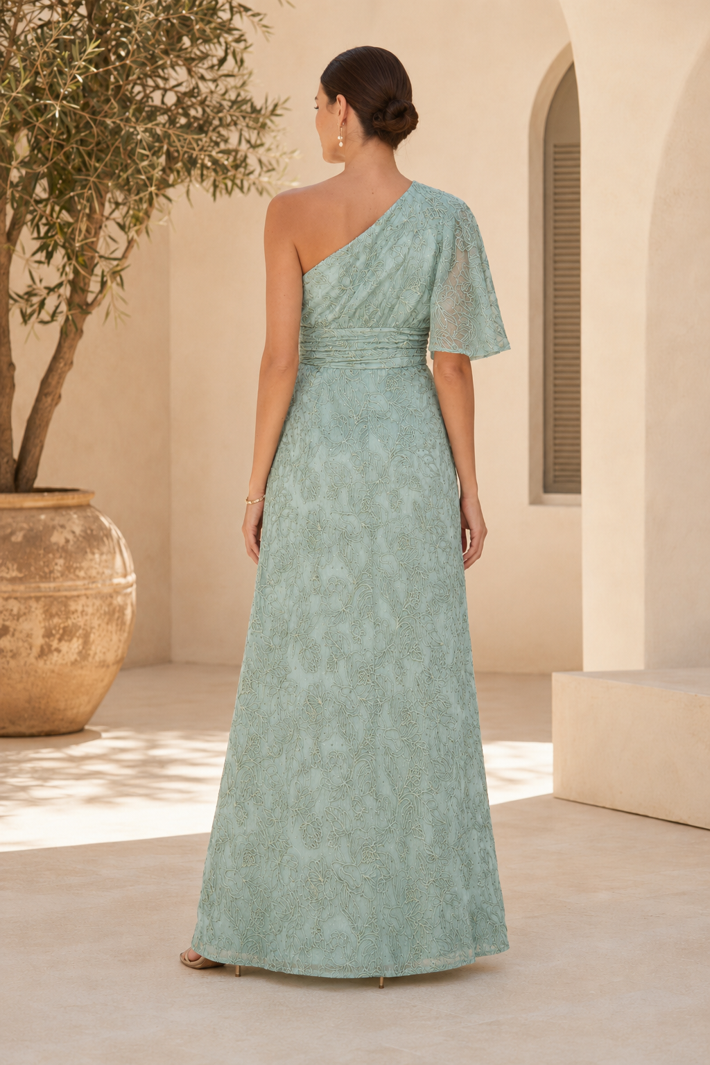 One Shoulder Flutter Sleeve Floral Lace Evening Gown