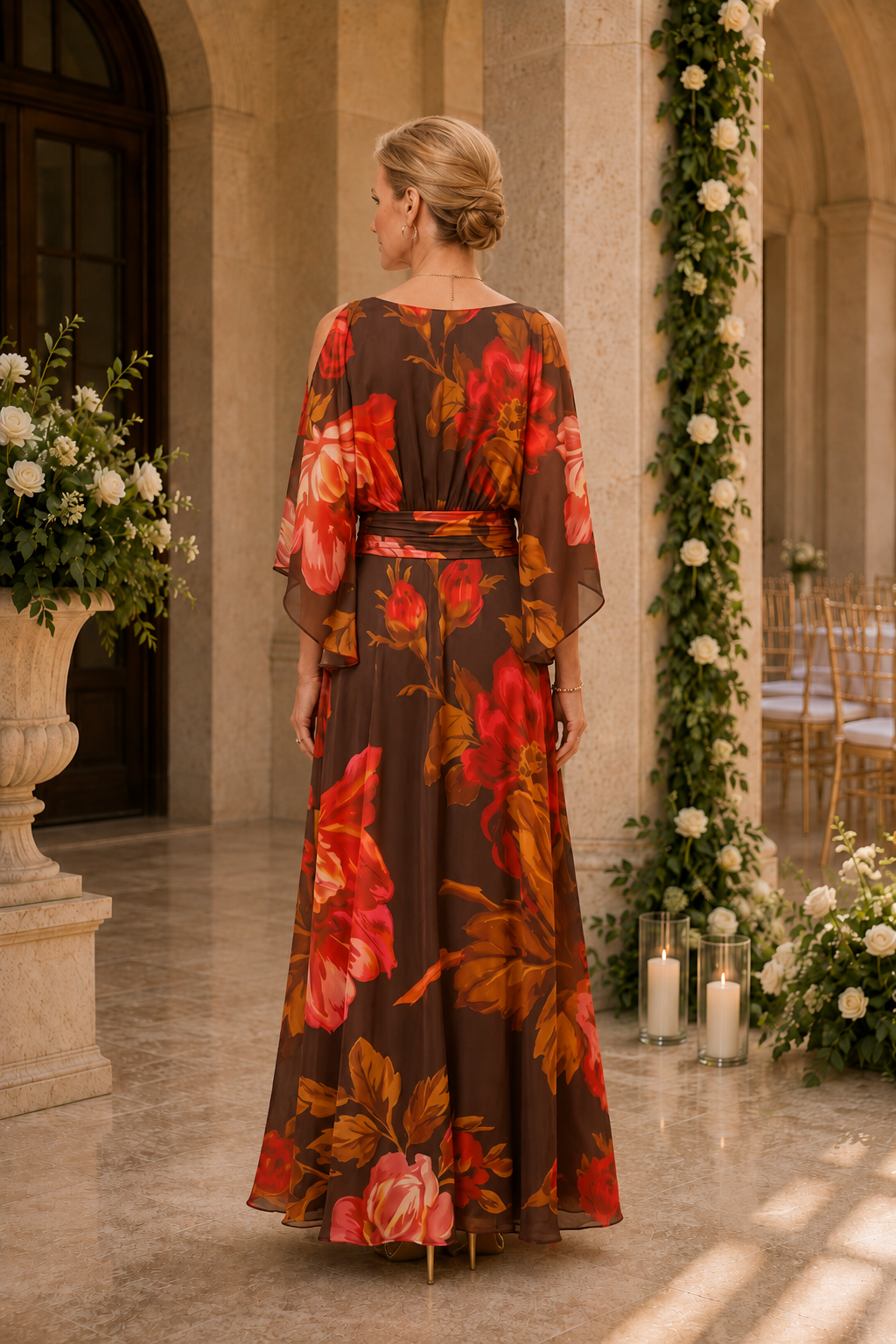 Floral Print Cold Shoulder A-Line Maxi Dress