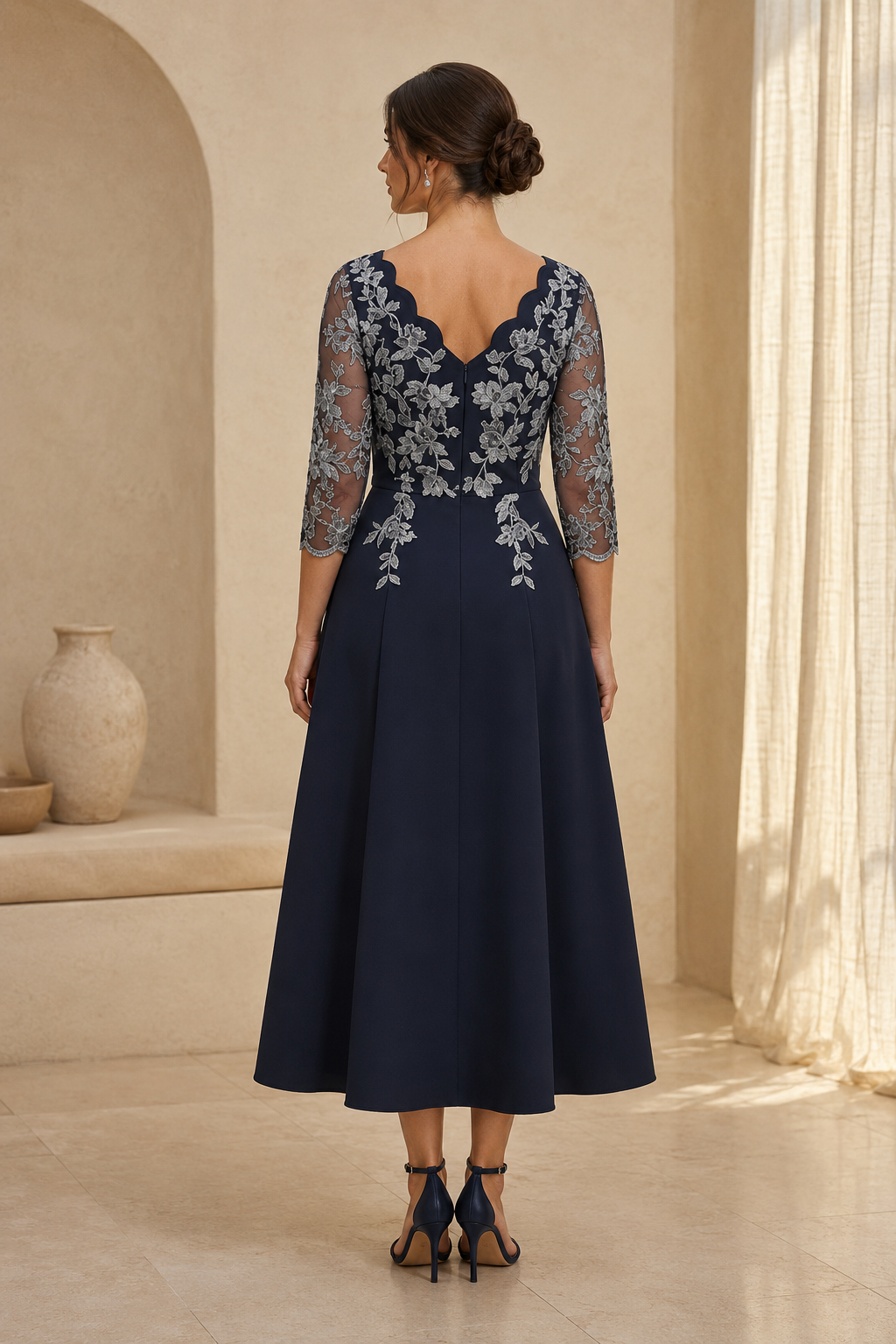 Scalloped V-Neck Tea-Length Dress with Lace Appliques