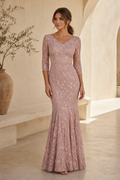 Elegant V-Neck 3/4 Sleeve Mermaid Lace Gown