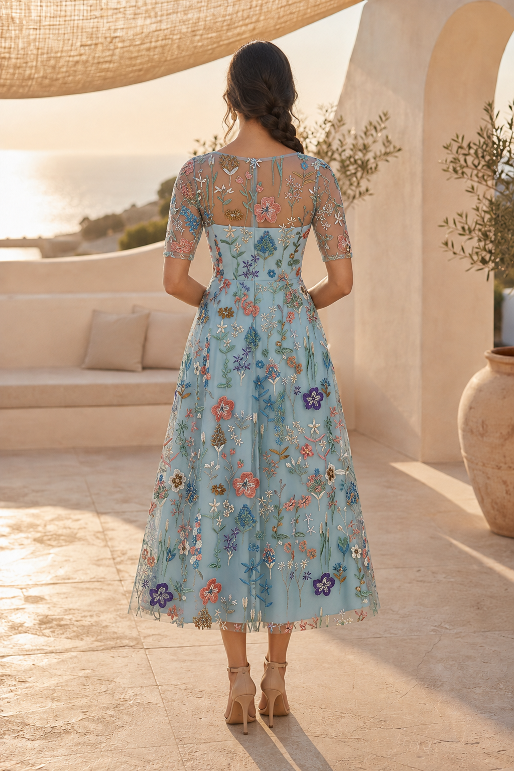 Floral Embroidered Illusion Midi Dress with Short Sleeves