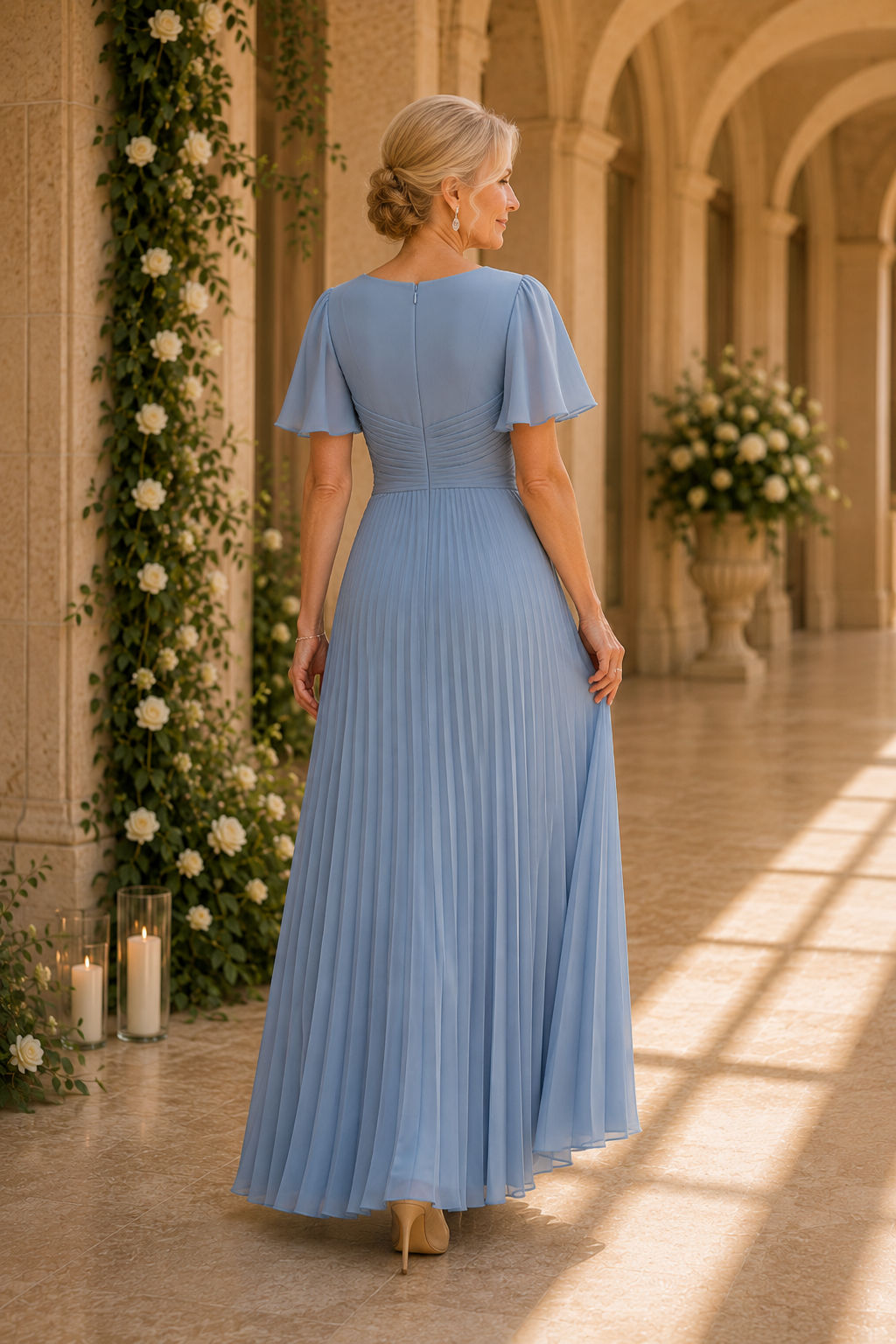 Pleated Chiffon A-Line Gown with Flutter Sleeves