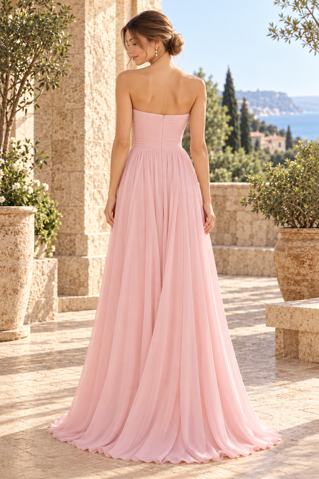 Strapless Ruched Bodice A-Line Chiffon Maxi Gown