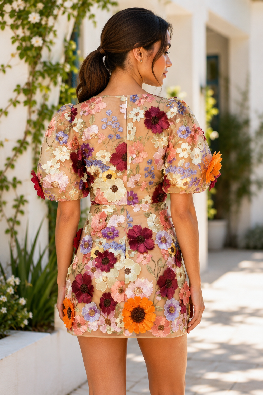 Convertible 3D Floral Embroidered Mini Dress