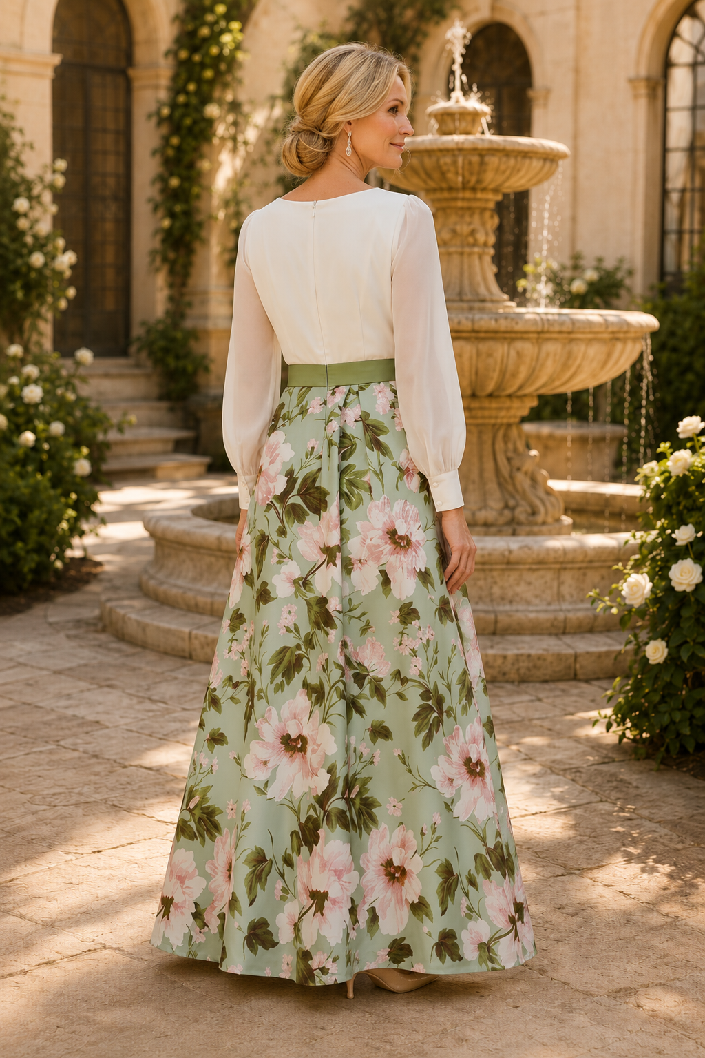 Floral Print A-Line Maxi Dress with Long Sleeves