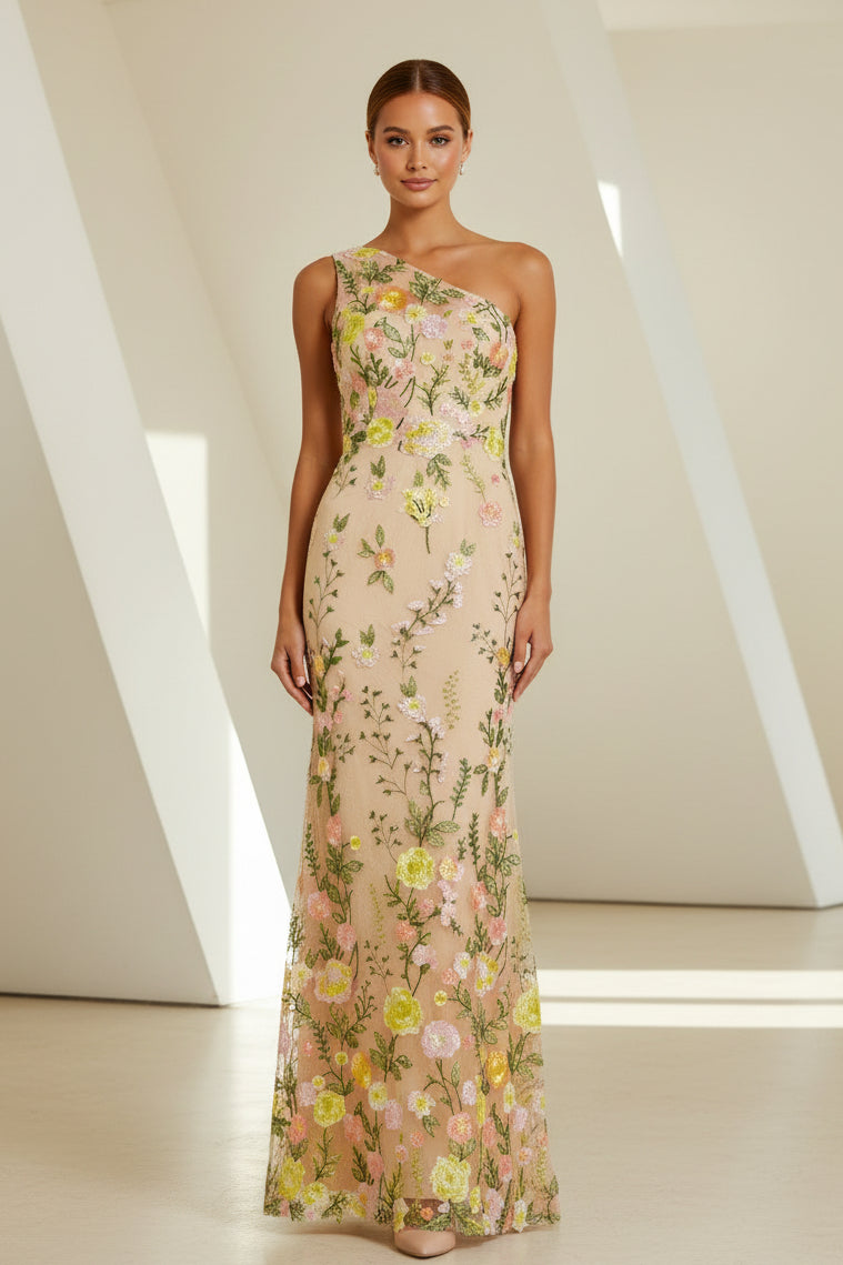 Embroidered Floral One-Shoulder Evening Gown