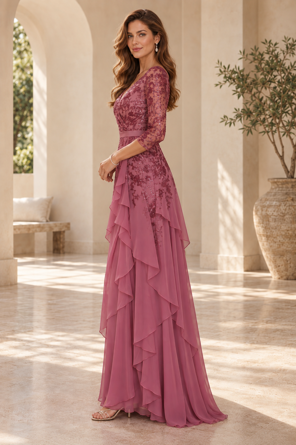 Tiered Chiffon Gown with Sequined Lace Bodice