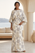 Floral Jacquard Sheath Gown with Bell Sleeves