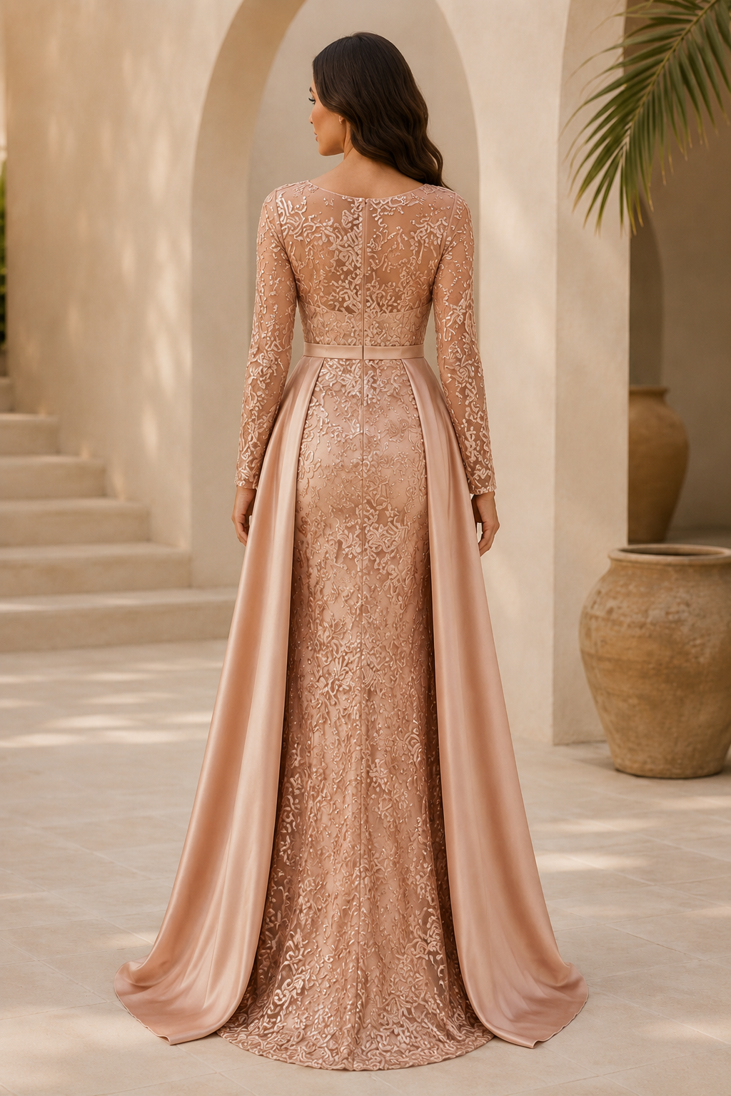 Illusion Lace Mermaid Gown with Satin Overskirt Train