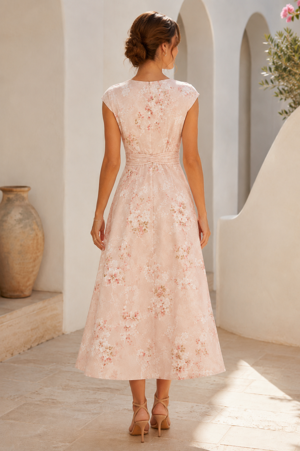 Floral V-Neck Cap Sleeve A-Line Midi Dress