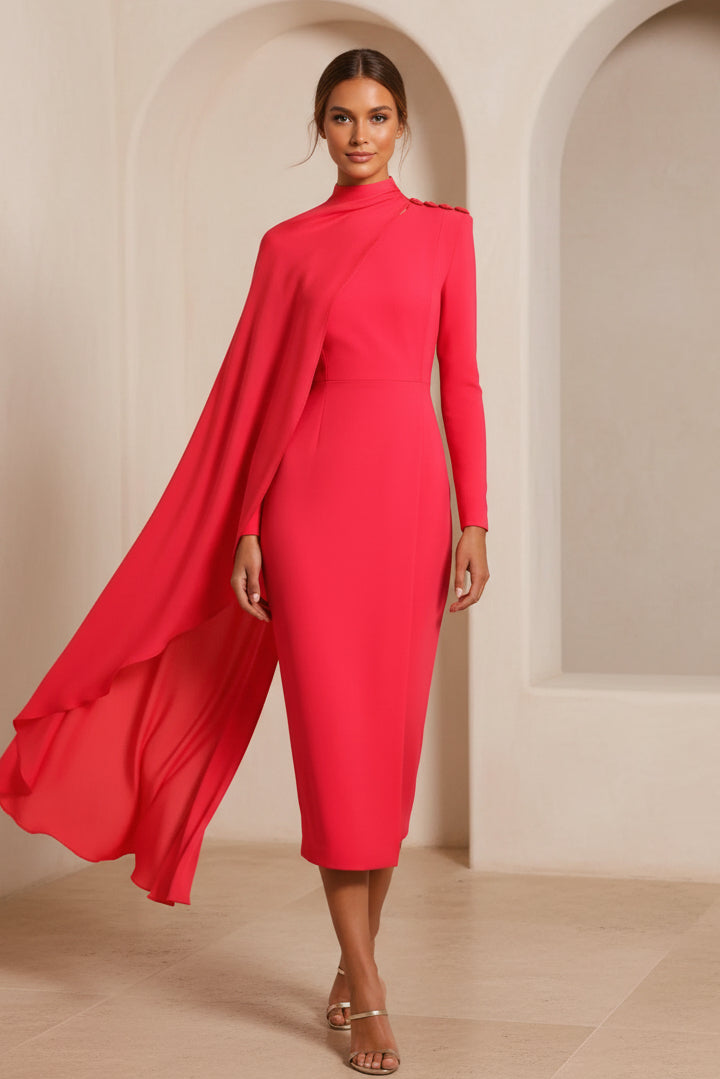 High-Neck Midi Dress with Asymmetric Cape