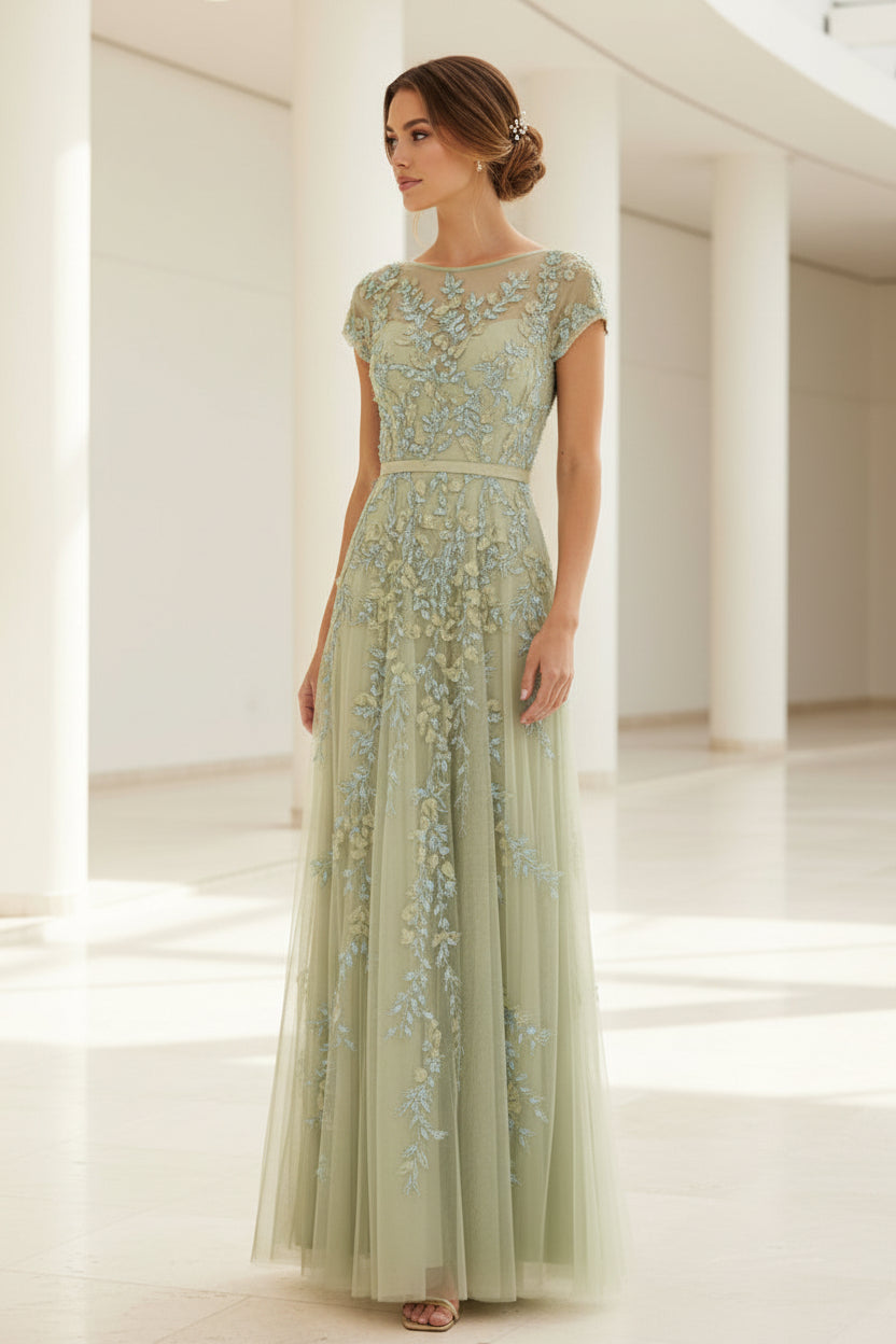 Cap Sleeve 3D Floral Applique A-Line Gown