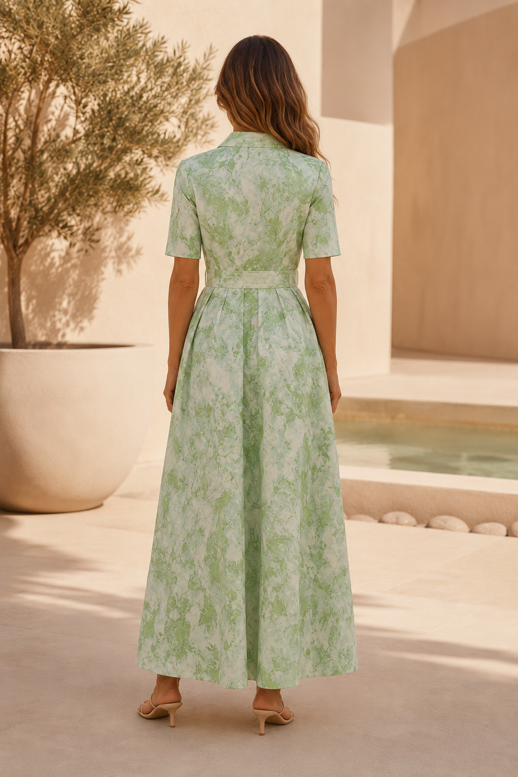 Collared Pleated Midi Dress with Belt